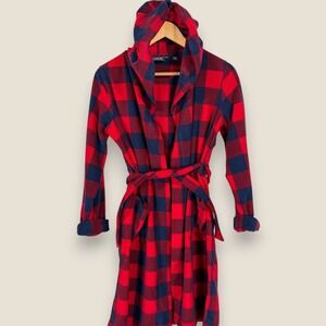 Lands End Robe Kids Size 12 Red Blue Buffalo Plaid Fleece Hooded Pajamas Cozy